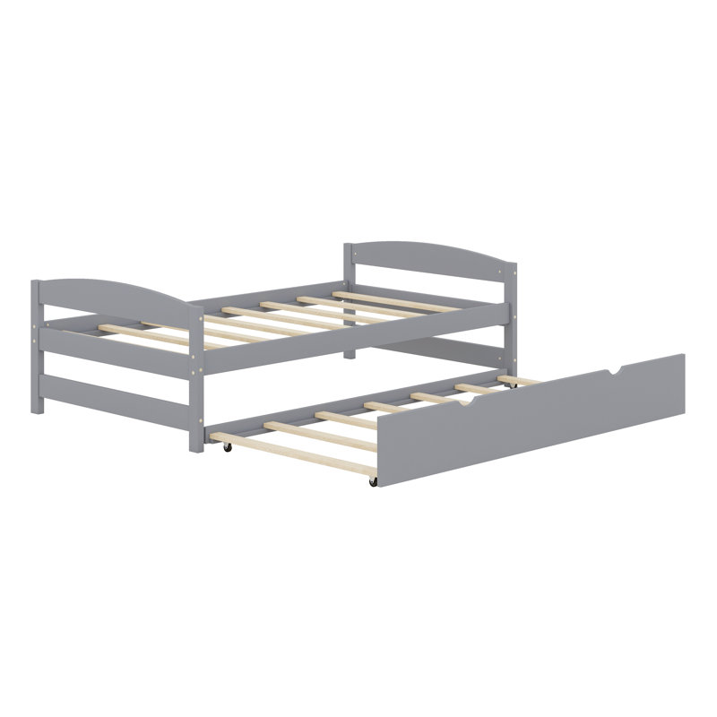 Lit plateforme peu encombrant avec lit gigogne et support en lattes de bois robuste, Gris