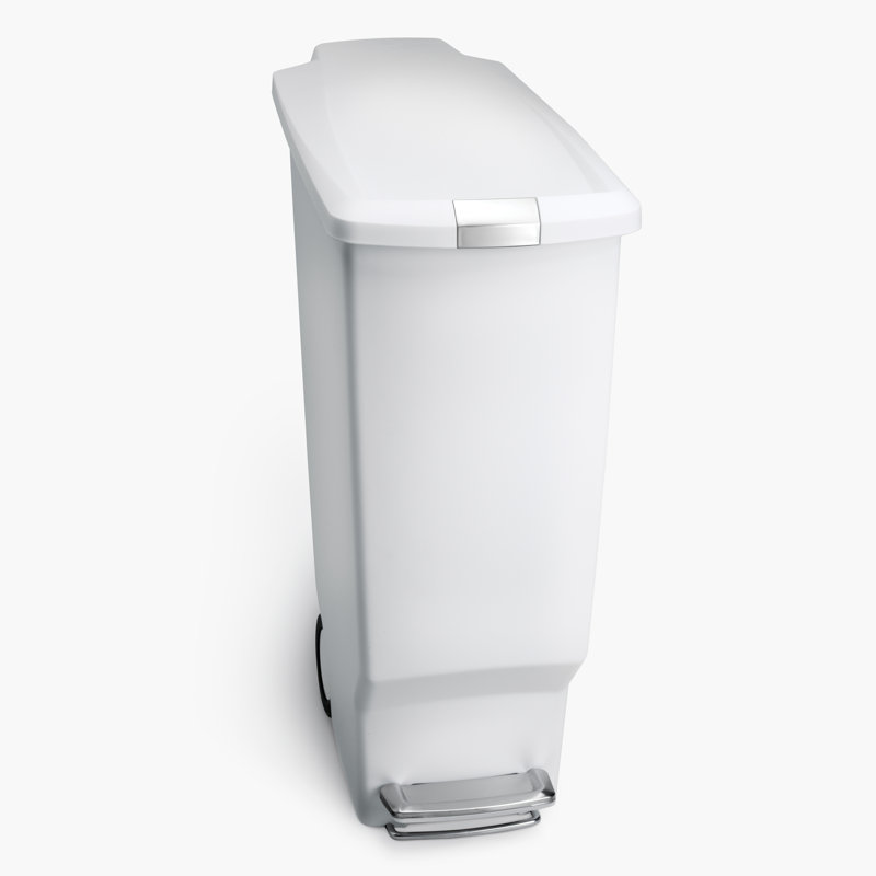 White Slim Plastic Kitchen Step Trash Can with Pedal and Lock