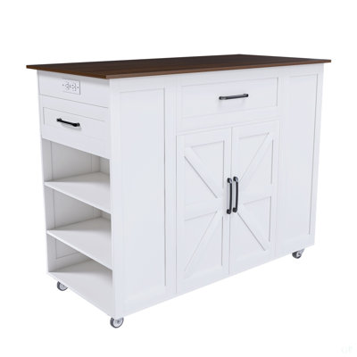46" Kitchen Island On Wheels With Storage & Power Outlet - Movable Rustic Breakfast Bar Table, Wood Top With Adjustable Shelf & Drawer For Kitchen Dining Living Room