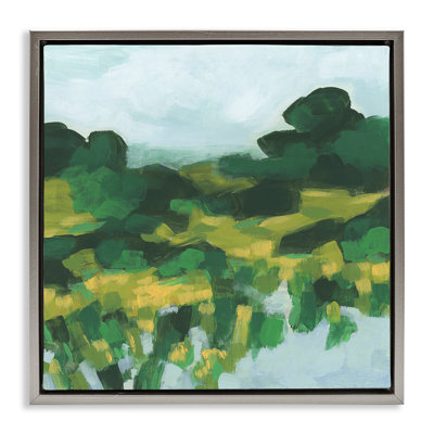 Abstrait vert luxuriant, paysage doré encadré sur toile flottante par June Erica Vess