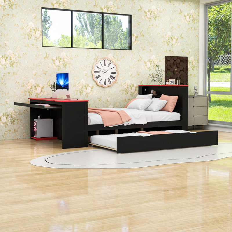 Lit plateforme avec éclairage DEL et lit gigogne simple, bureau, Double, Noir / Rouge