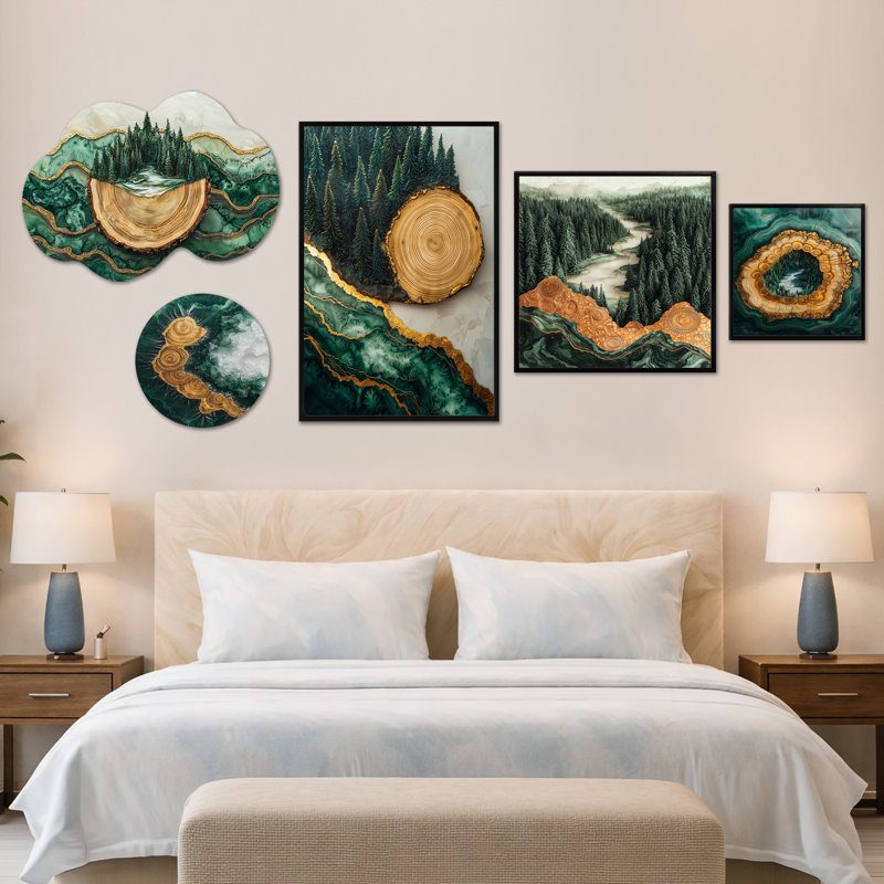 «Bold Forest Landscape Path of the Emerald River II», ensemble de 5 décorations murales en métal et toile encadrée (100 po x 40 po)