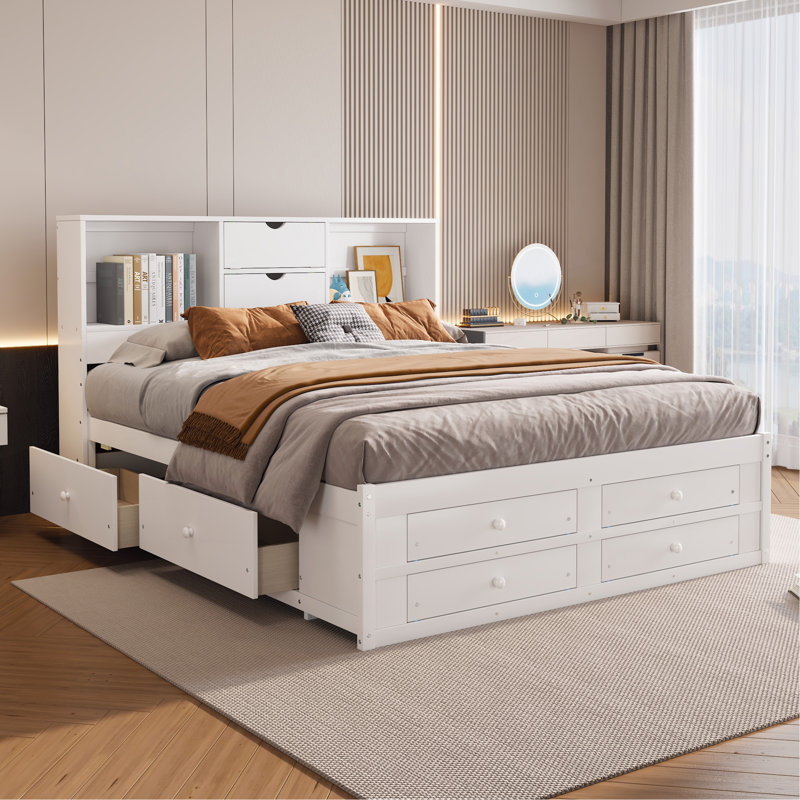 Lit plateforme avec tête de lit avec rangement et 8 tiroirs, blanc, Très grand lit