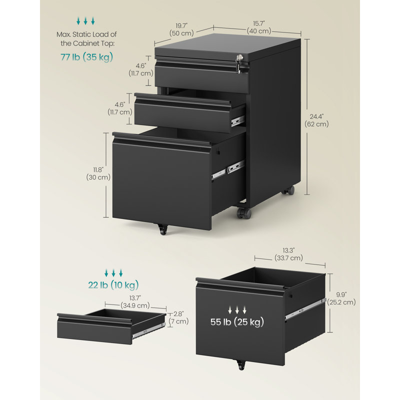50cm Wide 3 -Drawer File Cabinet, Matte Black
