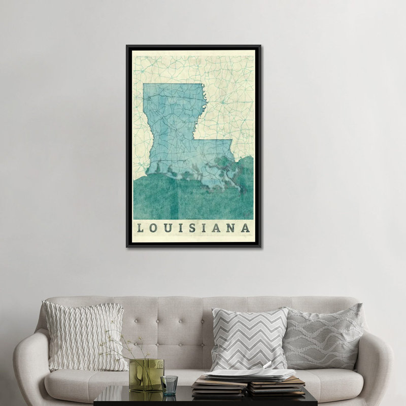 « louisiana map », impression sur toile, H 26 po x l 18 po x P 1,5 po, Toile avec cadre noir, Pas de tapis