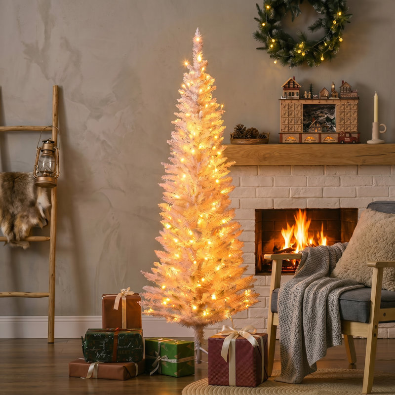 Sapin de Noël crayon de 1,5 m, sapin artificiel fin avec branches réalistes et lumières DEL blanc chaud, rose