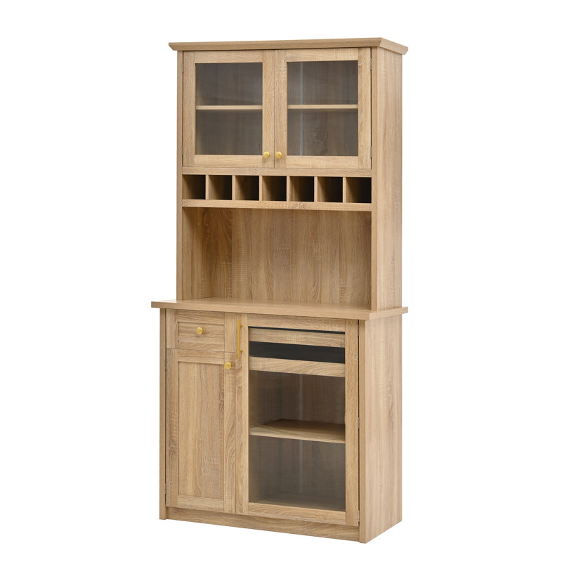 Armoire de cuisine 74,8 po avec porte-bouteilles et tablettes réglables Farmhouse, Naturel