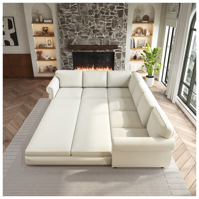 Canapé-lit d'angle en chenille de 3 m (118 po) avec lit gigogne, accoudoirs arrondis et garniture cloutée, beige et blanc