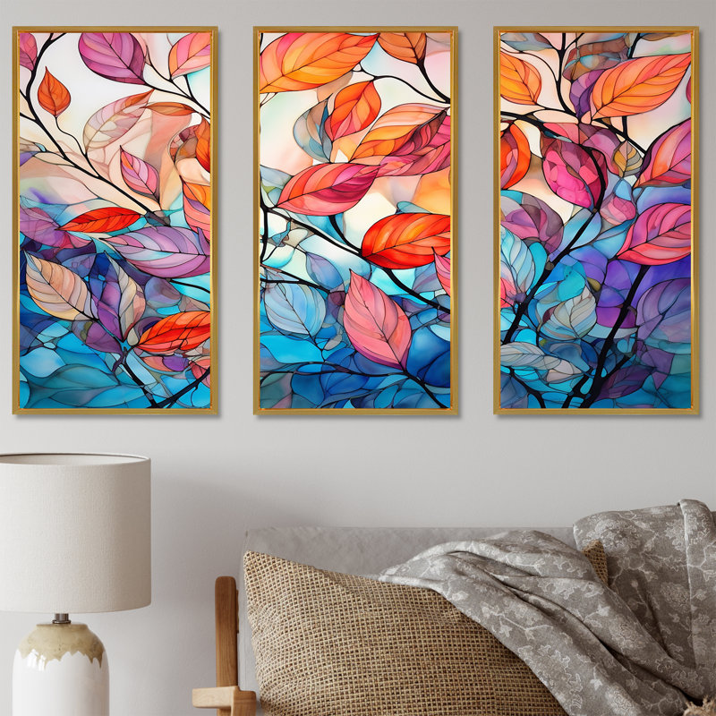 «Leaves Autumn Sunlight Harmony II», ensemble de reproductions d'art mural, Cadre flottant doré, H 32 po x l 48 po x P 1 po