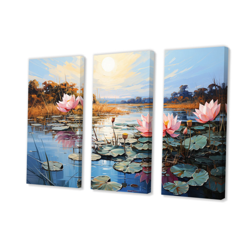 «Asian Art Lotus Lake» sur toile, reproduction de 3 pièces, H 32 po x l 48 po x P 1 po