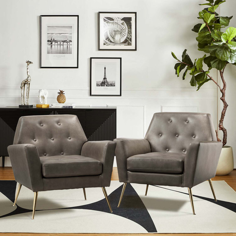Johan Armchair With Tufted Back, Gray Faux Leather