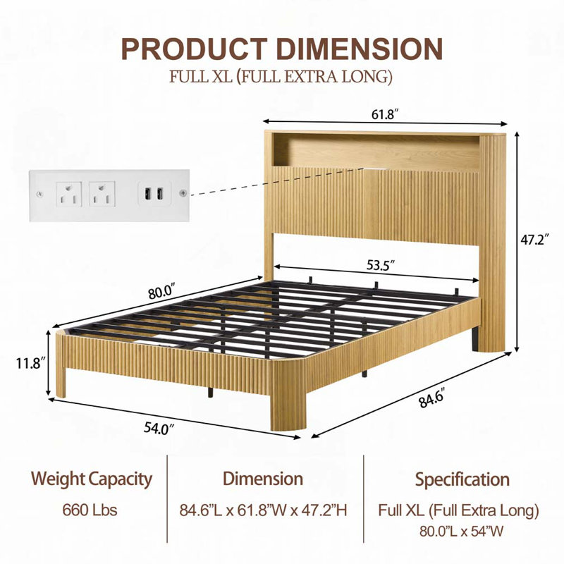 Base de lit ondulée avec tête de lit et station de charge intégrée, Naturel, Double