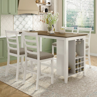 5-Piece Multi-Functional Rubber Wood Counter Height Dining Set With Padded Chairs And Integrated 9 Bar Wine Compartment, Wineglass Holders