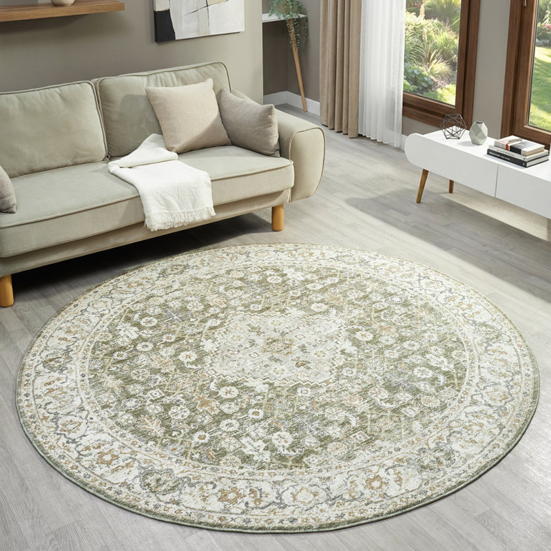 Tapis d'intérieur floral vert / ivoire Degregorio, Rond 6 pi 6 po