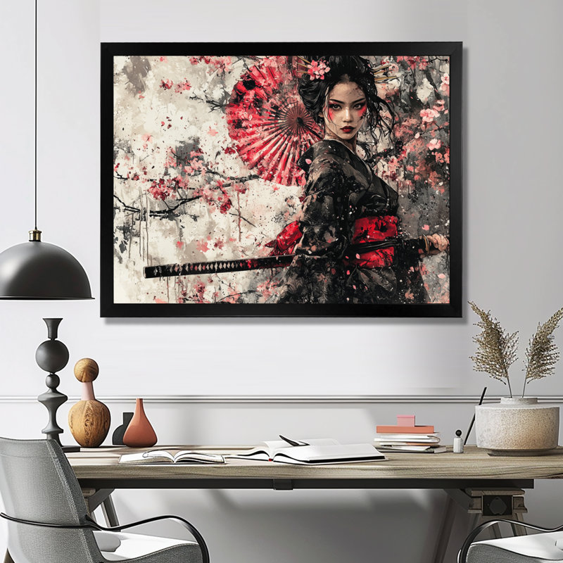 «Samurai au Japon», femme, fleur, Reproduction encadrée d'une seule photo, H 30 po x l 40 po, Noir
