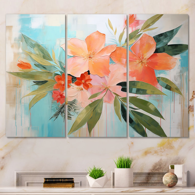 Art moderne moderne, fleurs tropicales roses et vertes - Collages abstraits, Toile tendue, H 28 po x l 36 po x P 1 po
