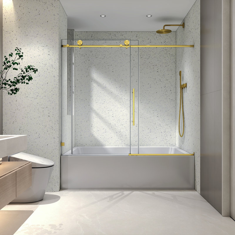 6063 Brushed Gold Frameless One Fixed And One Shifted Shower Door,70MM 304 Stainless Steel Large Pulleys With Adjustable Soft Closing Function,With Nano Easy Cleaning,Stick Explosion-Proof Menbrance