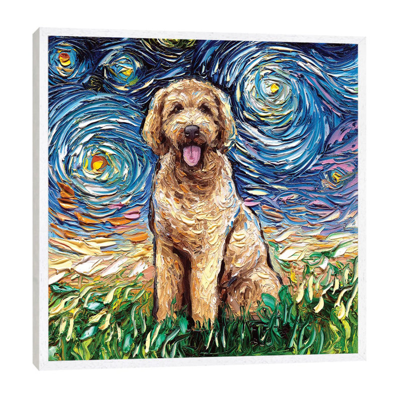 Goldendoodle Night 1 Piece Painting on Canvas, 93.98 cm H x 93.98 cm W, White Floater Framed