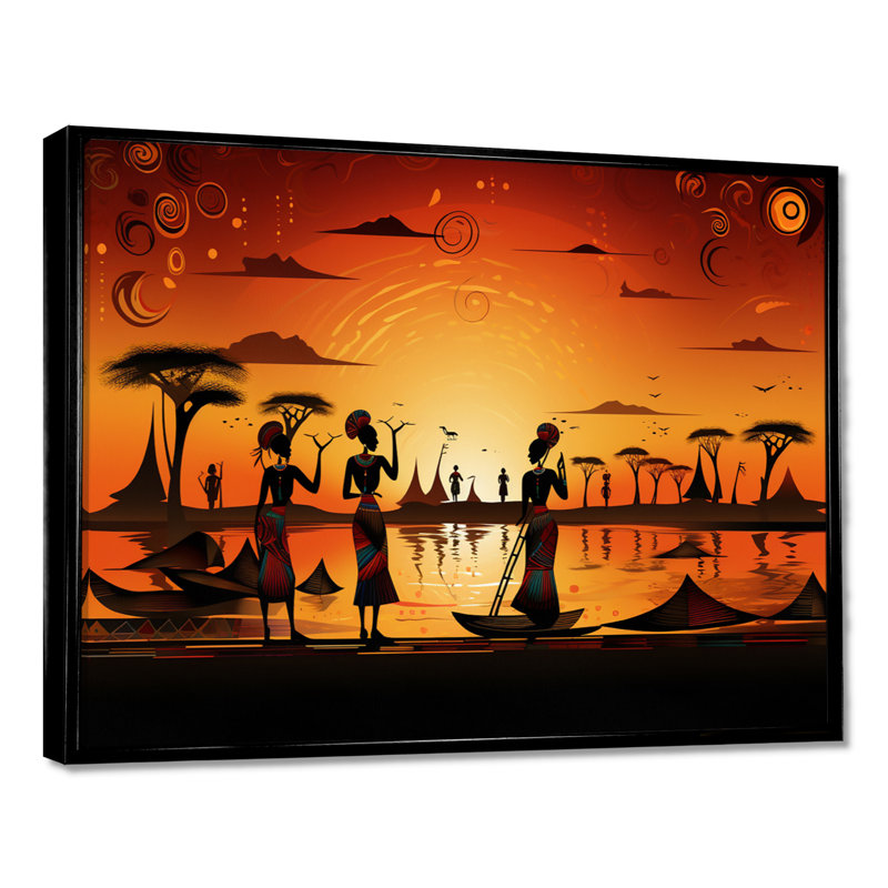 Femme traditionnelle par le Nil - Art mural africain, Toile avec cadre flottant noir, H 34 po x l 44 po x P 1,5 po
