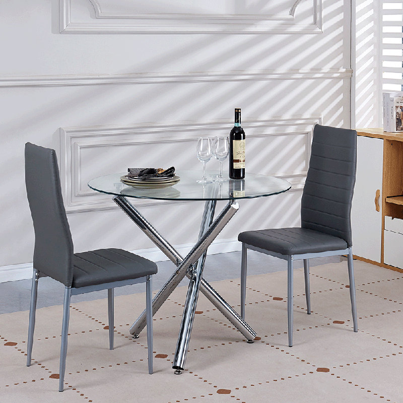 Ensemble de salle à manger rond 3 pièces, ensemble de 2 chaises de table pour la cuisine et la salle à manger, coin repas, plateau de table en verre, argent / gris ardoise