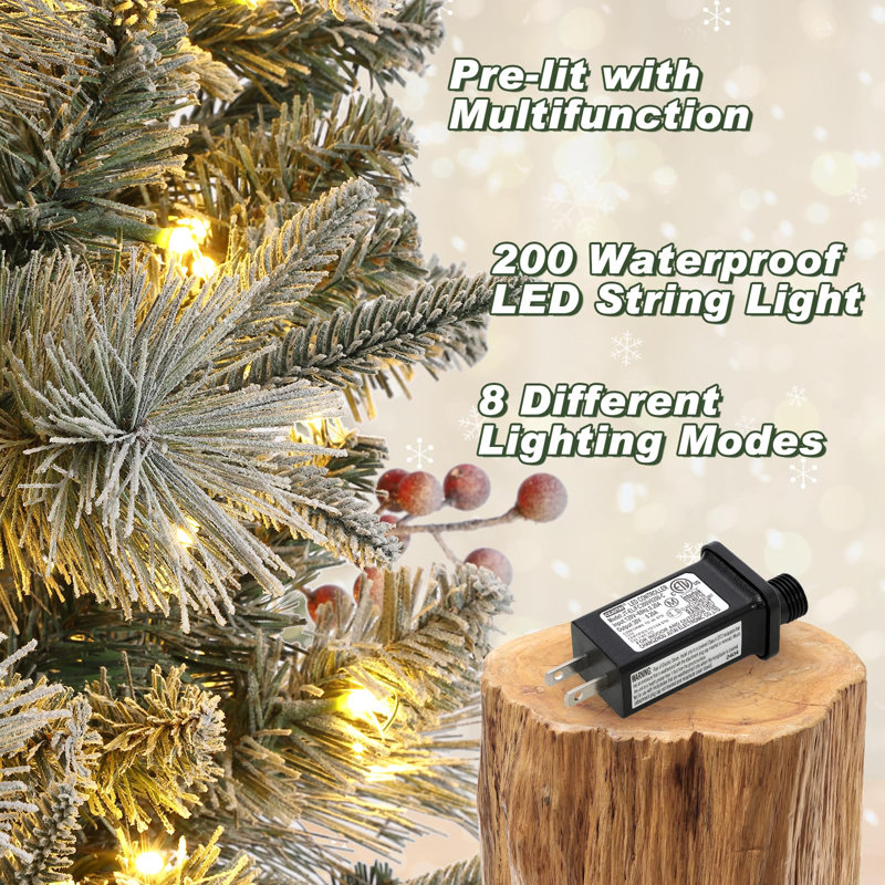 Christmas Tree-Fat Tree Body Contains 4.5Fth Potted Tree 200 Lights, 8-Mode, Frost Blossom Cedar, 4 Red Fruits, Nine-Headed Bird Light Box Base