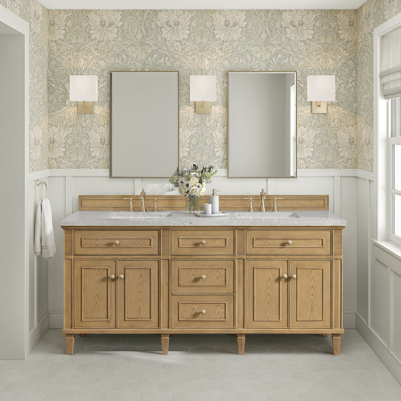 Lorelai 72'' Double Bathroom Vanity with Top, Light Natural Oak, Eternal Jasmine Pearl, 8" Widespread