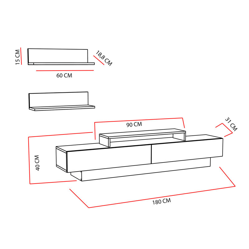 Modern TV Unit with Wall Shelves (3 Pieces), White & Brown, 70.9 x 12.2 x 15.7 inches | 100% Melamine Coated Particle Board, Thickness: 0.7 inches | Stylish Design for Living Room & Entertainment Spaces, Durable and Functional