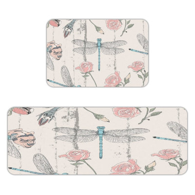 Rose et libellule, ensemble de 2 tapis de cuisine