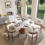Jessely Farmhouse Glossy Sintered Stone Round Dining Table With Lazy Susan For 6-8 with Wood Pedestal Base
