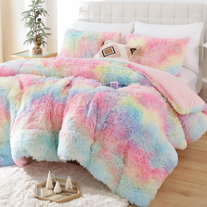 Fluffy Comforter Set 2 Pieces- All Seasons Luxury Fuzzy Comforter With One Pillowcase, Rainbow