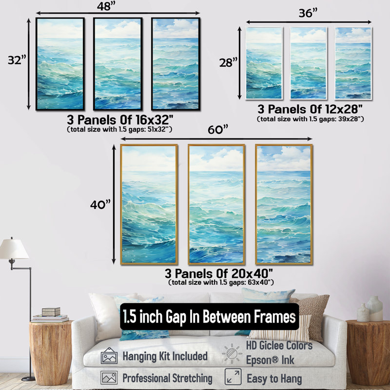 Ensemble de salon art mural bleu océan en mouvement, Cadre naturel flottant, H 28 po x l 36 po x P 1 po