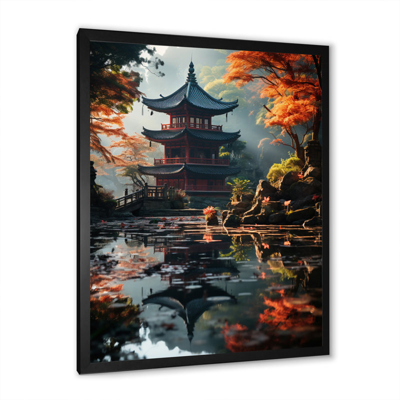 Teije, art asiatique, pagode sereine - impression, Impression noire sur toile encadrée, H 20 po x l 12 po x P 1 po