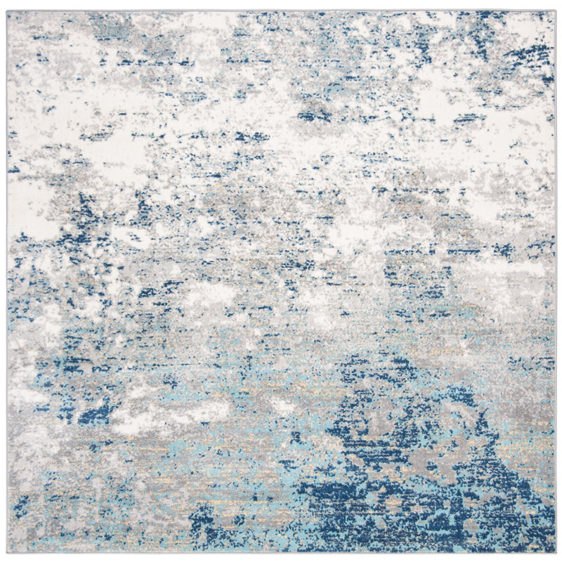 Tapis abstrait gris clair / bleu N'Keal, Carré 6 pi 7 po, Light Grey/Blue
