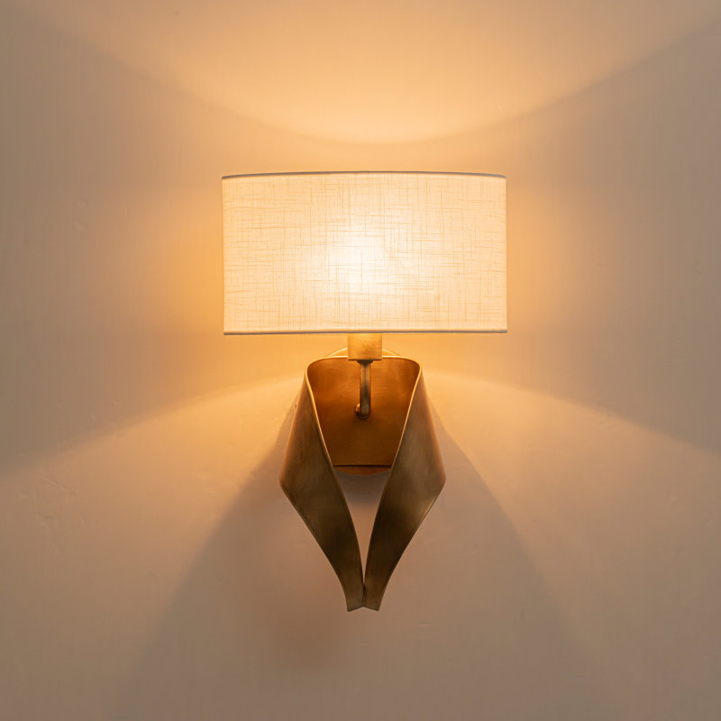 9.84" Sculptural Ribbon Wall Sconce Antique Gold 2-Light Vintage Art Deco Bathroom Wall Light with Oval Linen Fabric Shade
