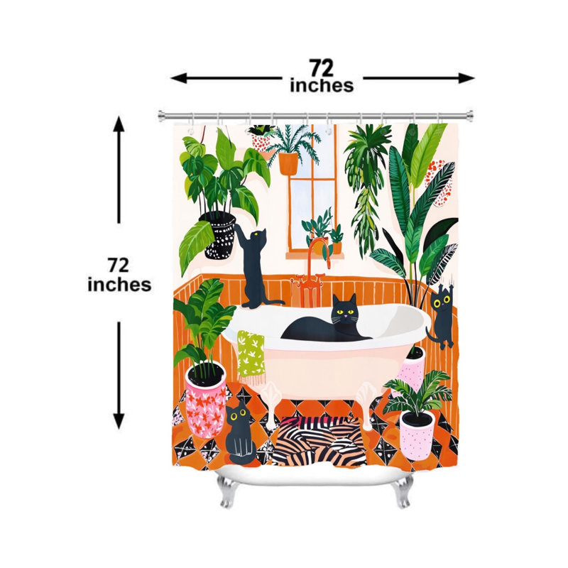 Rideau de douche 183 x 183 cm avec motif de chat noir et de plante d'intérieur, décor de salle de bain