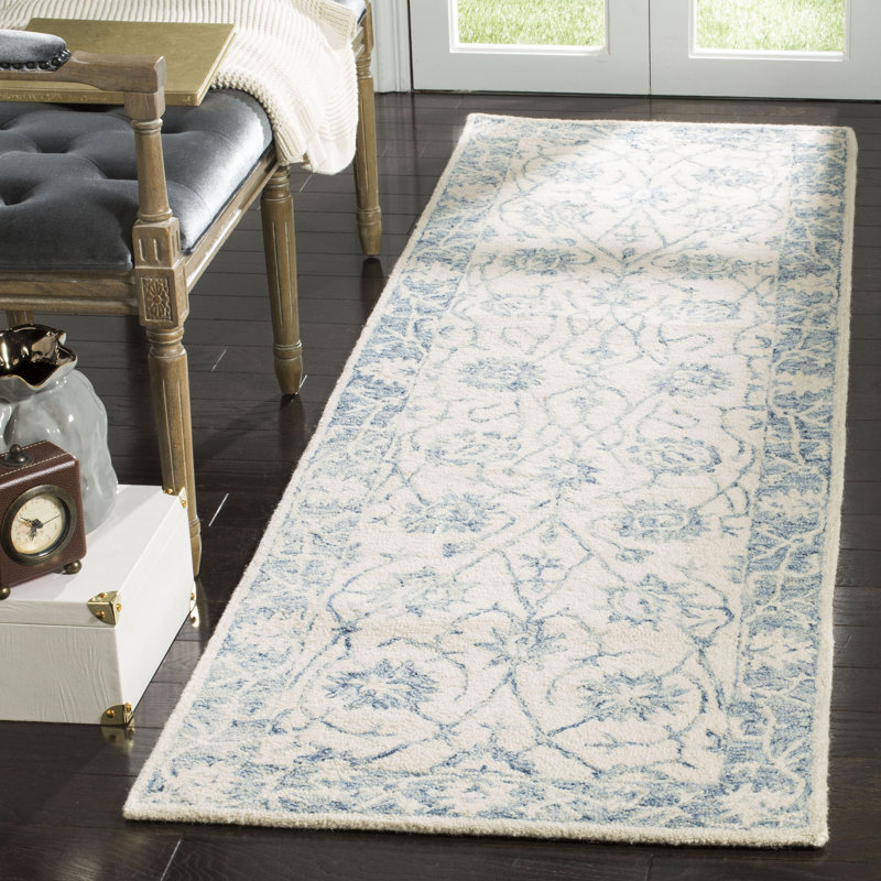 Tapis ivoire / bleu en laine / coton touffeté à la main Ferrera, Tapis de couloir 2 pi 3 po x 8 pi