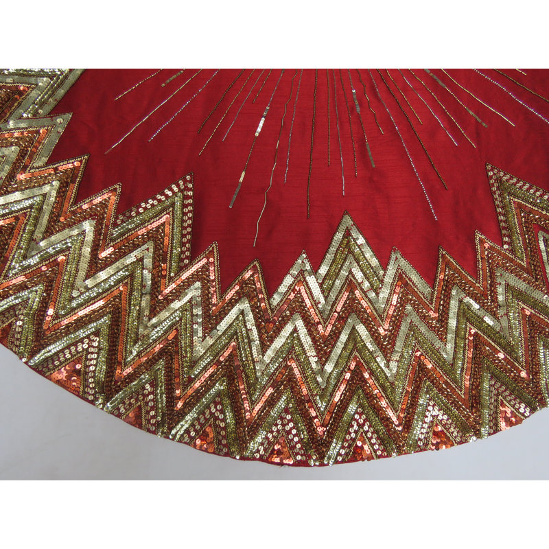 Handmade Garnet Red and Gold Beaded Christmas Tree Skirt