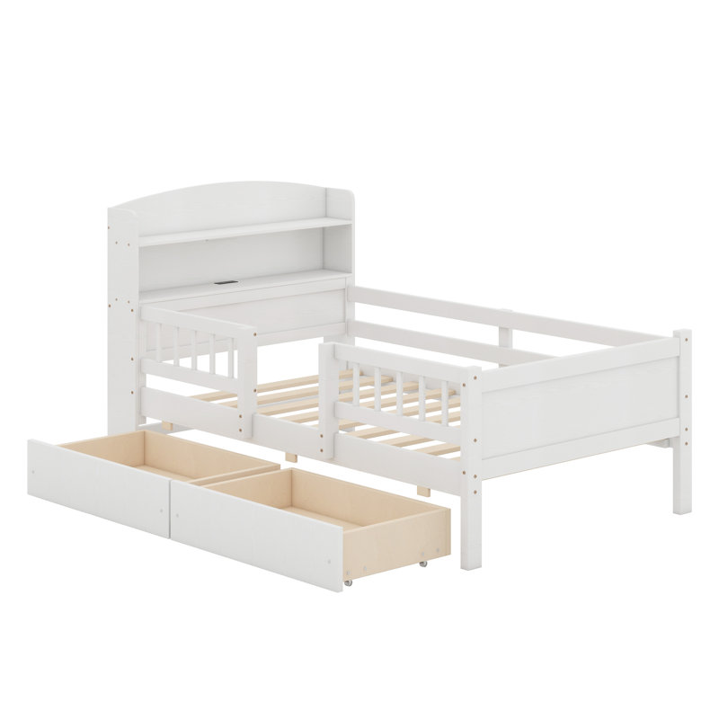 Lit plateforme simple en bois avec éclairage à DEL intégré, garde-corps et 2 tiroirs, Blanc