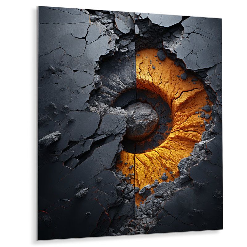 Volcan jaune et gris en spirale de lave - art mural abstrait en spirales en métal, H 32 po x l 16 po x P 1 po