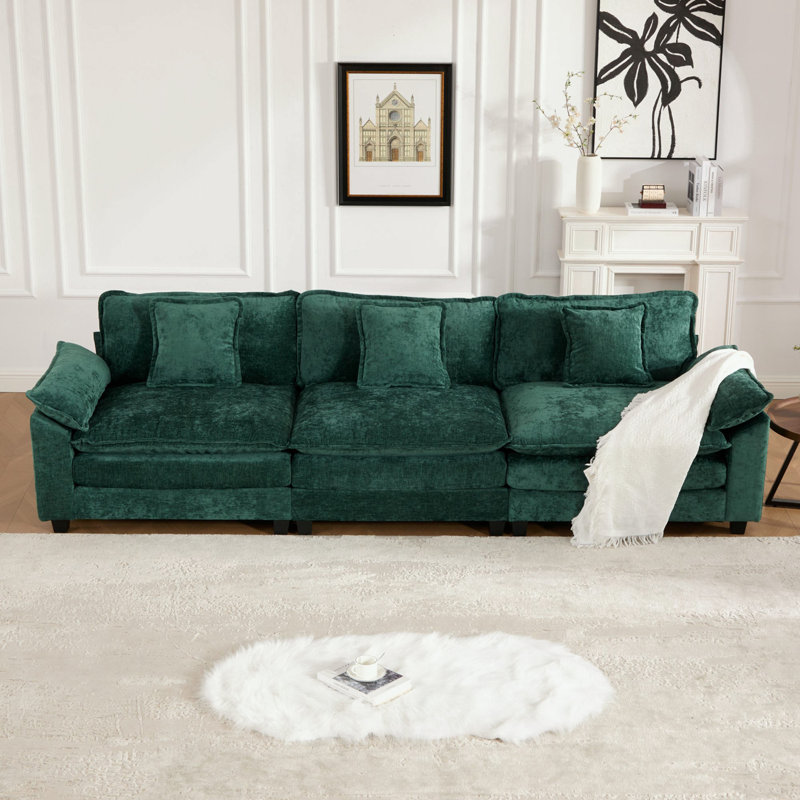 Canapé modulaire 3 places en chenille avec coussin moelleux, Chenille verte