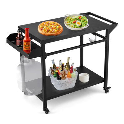 Garvee Outdoor BBQ Grill Cart with 2 Shelves, Heavy-Duty Steel Grilling Station with Lockable Wheels, Side Handle & Hooks, Prep Table for Pizza Oven, Patio, Camping (Regular)