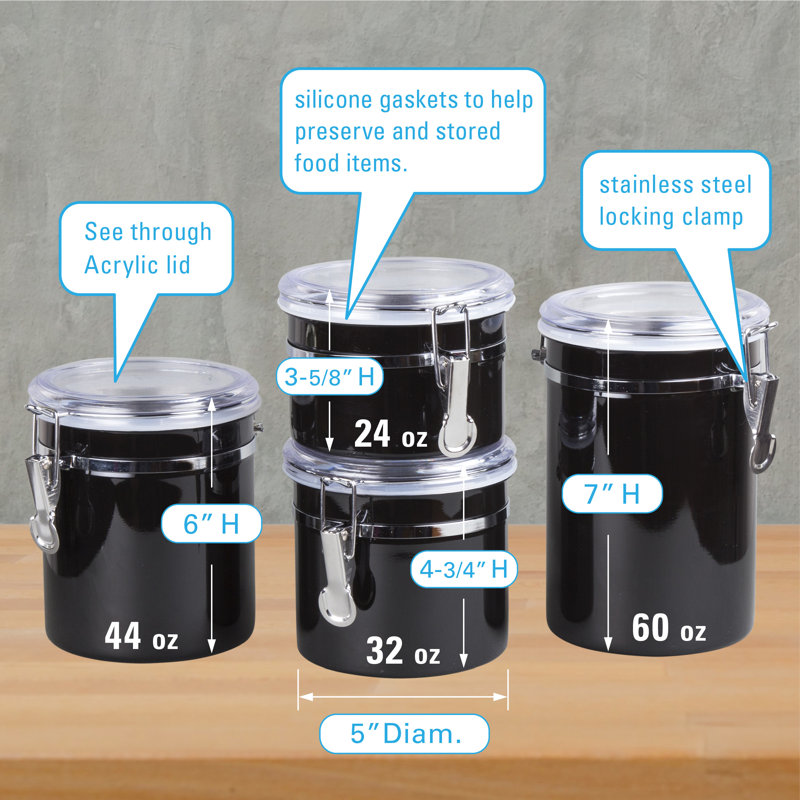 Ensemble de 4 boîtes de rangement Creative Home en acier inoxydable avec pince verrouillable hermétique, Noir