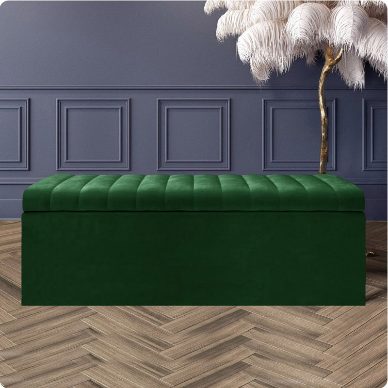 Safar Wide Velvet Rectangle Solid Color Standard Ottoman Box with Storage, Forest Green Plush Velvet, 90 cm