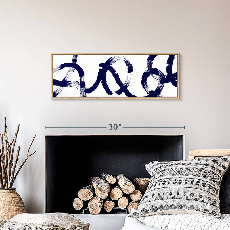 Deep Blue Strokes, Floating Frame Natural Wood, 28" X 10"