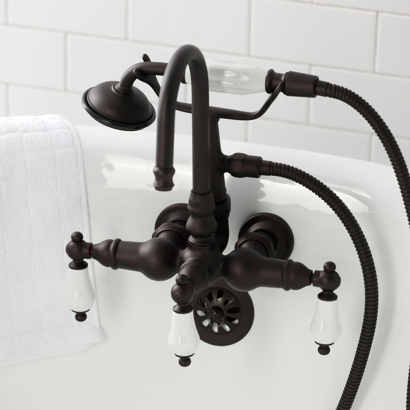 Kingston Brass Vintage Three-Handle 2-Hole Tub Wall Mount Clawfoot Tub Faucet with Hand Shower, Oil Rubbed Bronze