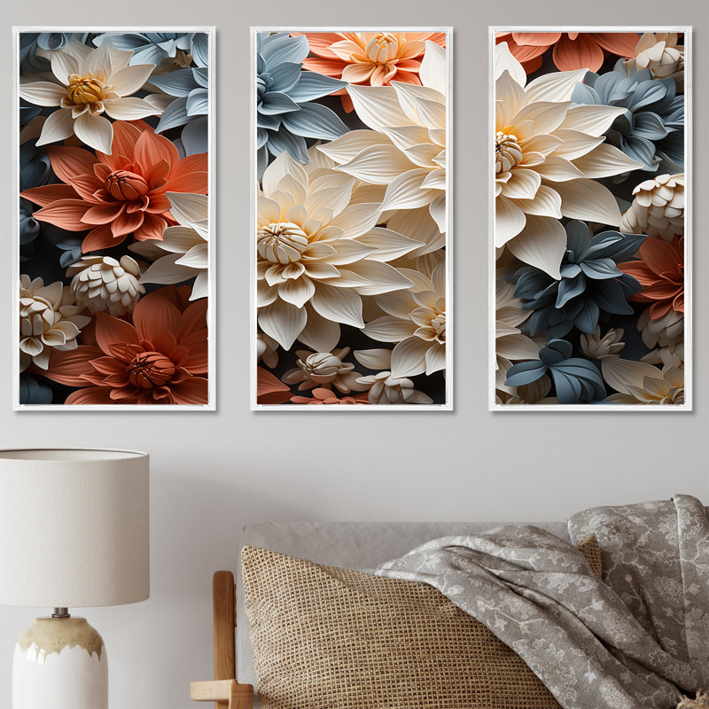 «Soft Elegance Mums Flowers» - ensemble d'art mural Mums, H 40 po x l 60 po x P 1 po, Cadre flottant blanc