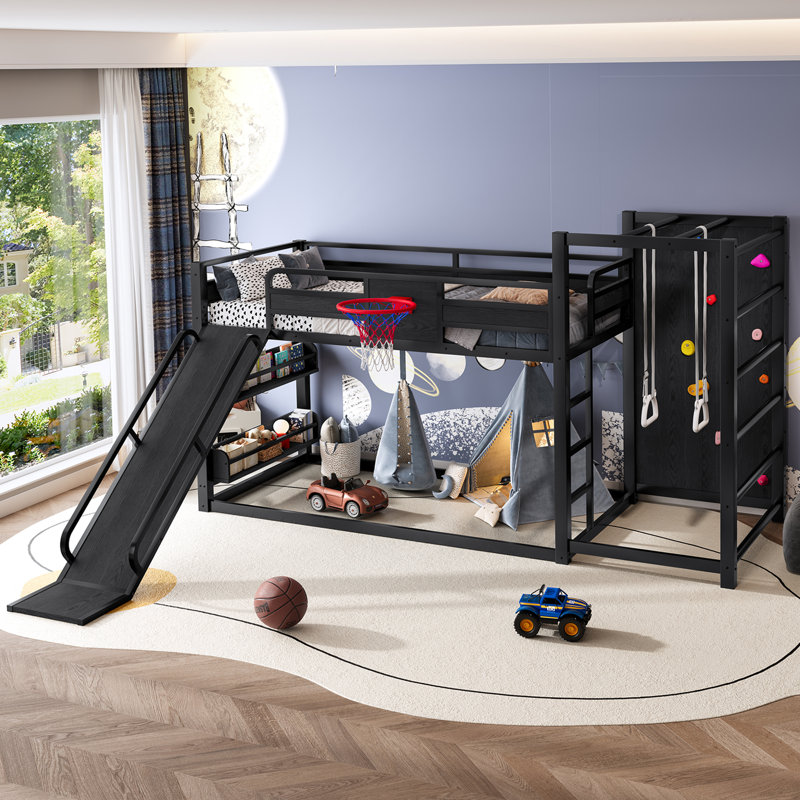 Lit mezzanine double en métal avec glissade et mur d'escalade Roomfitter, lit de sport avec panier de basketball, noir