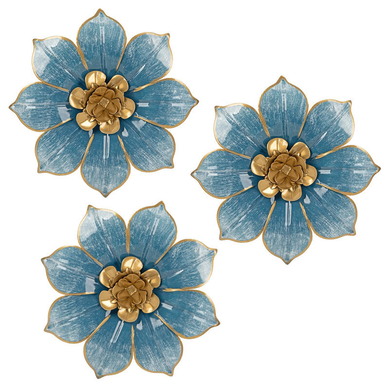 Décoration murale fleurs en métal suspendues 3 pièces, Bleu