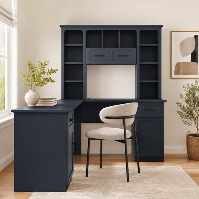 Antique Blue L-Shaped Office Desk With Large Storage, Flip-Up Shelf, For Study And Work