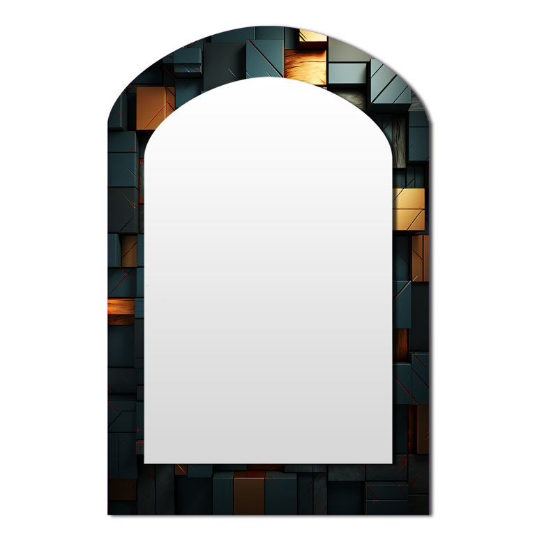 Green and gold Stylish Dark Geometric Elegance I - Tile Arch Wall Mirror, Green Asymmetrical Decorative Mirror, Printed Metal Art